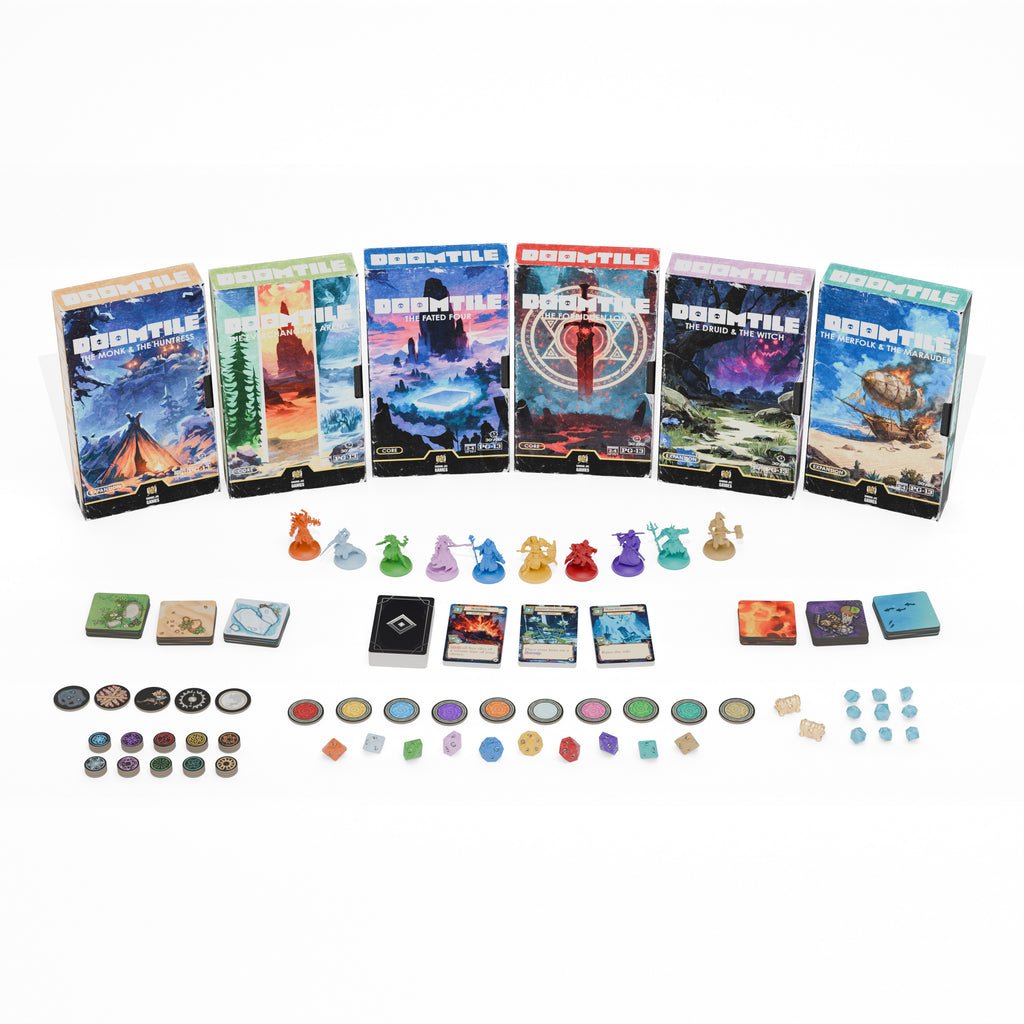 DOOMTILE: Complete Edition contents laid out, with the Core Game and the three hero pack expansions