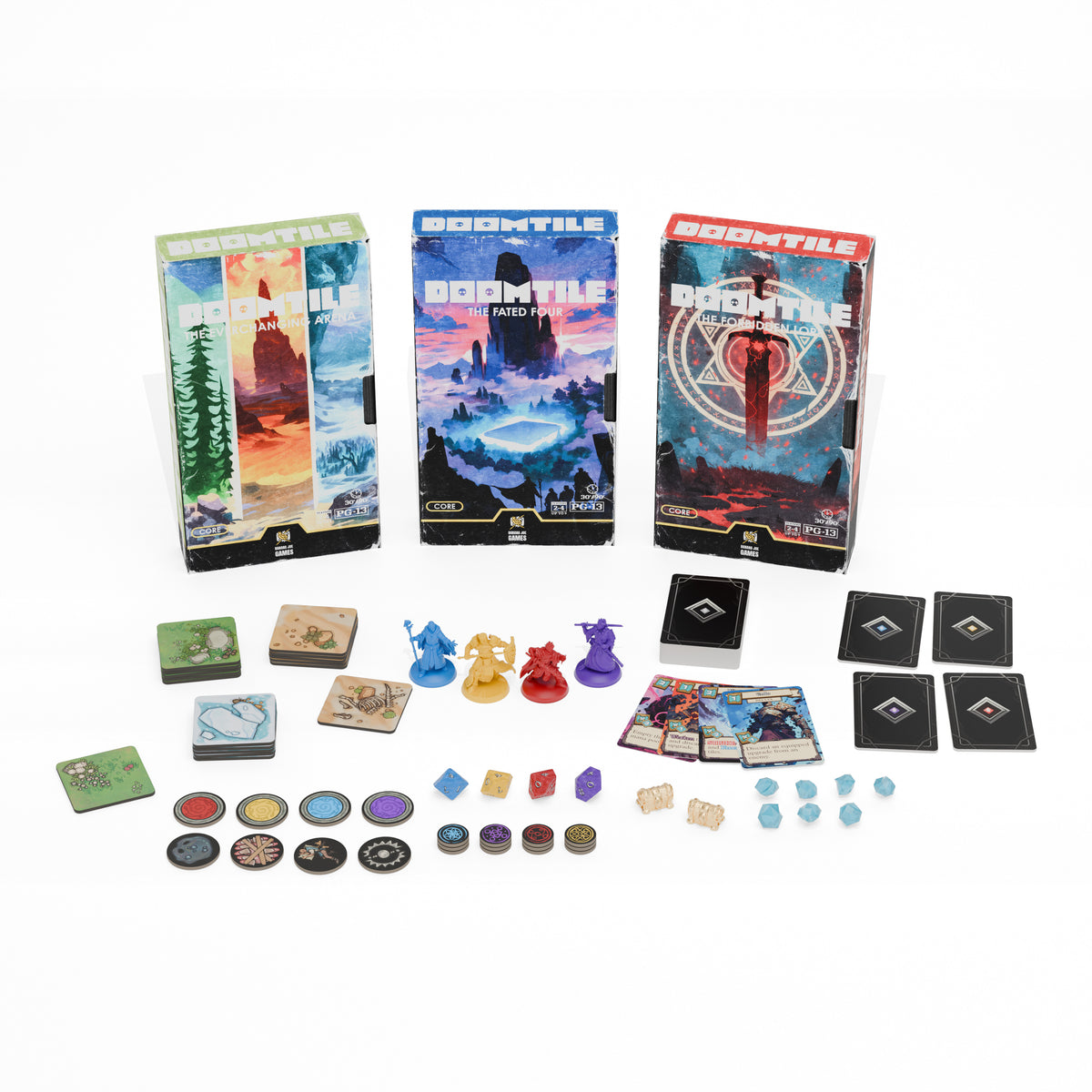 DOOMTILE: Core Game contents laid out, with hero miniatures, forest, desert and glacier tiles, cards, mana crystals and tokens