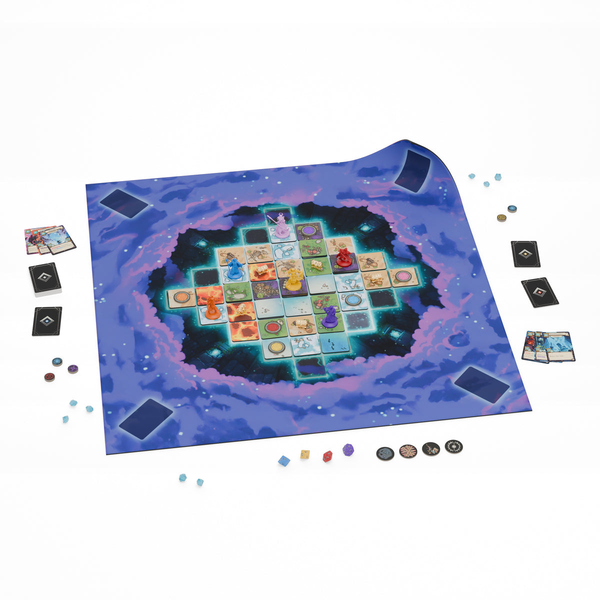 A DOOMTILE game set up on the official 60 × 60 cm playmat