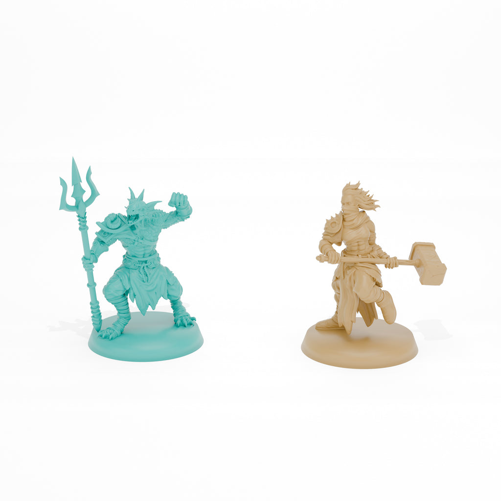 The Merfolk and The Marauder hero miniatures from the DOOMTILE expansion