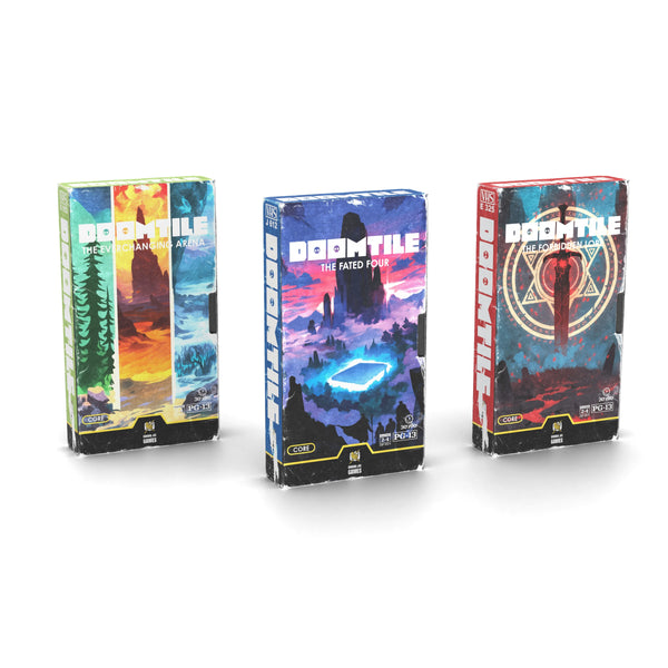 DOOMTILE: Core Game, the three VHS boxes The Everchanging Arena, The Fated Four and The Forbidden Lore by Banana Joe Games