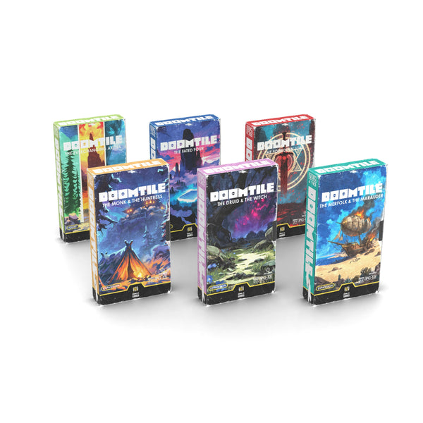 DOOMTILE: Complete Edition, the three Core Game VHS boxes with The Monk & The Huntress, The Druid & The Witch and The Merfolk & The Marauder expansions